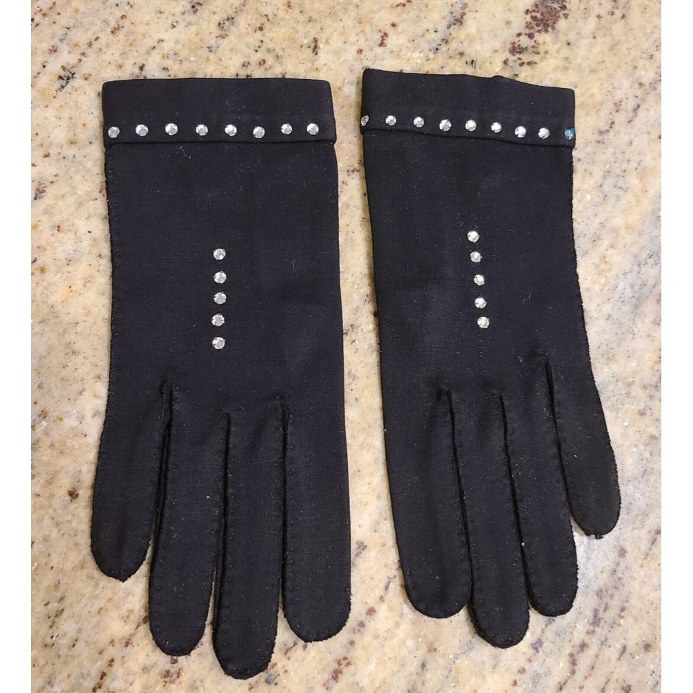Vintage Size S 6.5 Black Stretch Cotton Formal 7.5" Gloves Rhinestone Detail